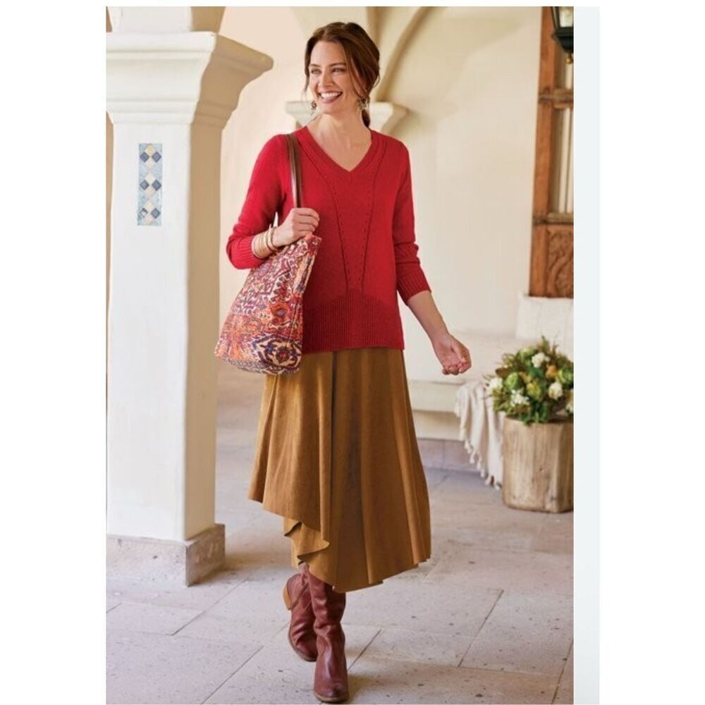 Soft Surroundings Inverness Faux Suede skirt saddle brown PL